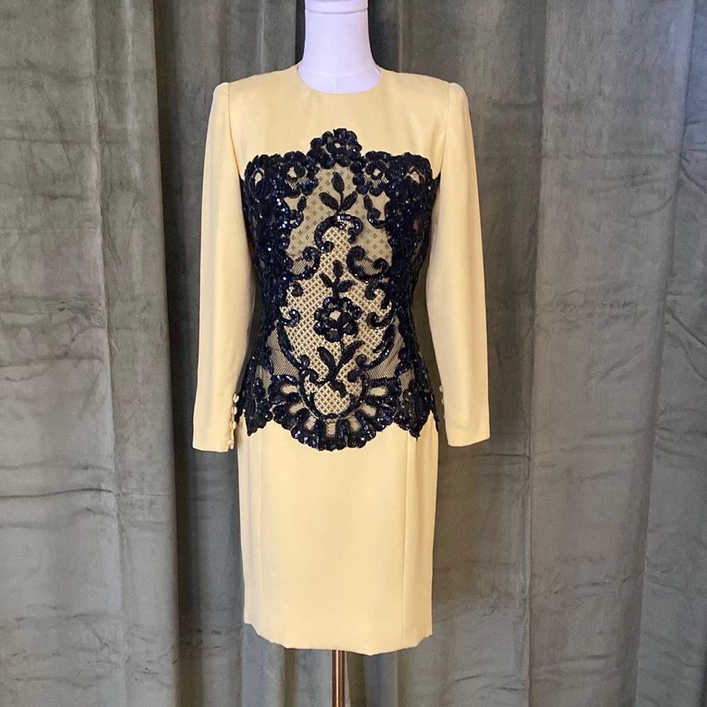 Carolina Herrera yellow lace detailed Sheath Long Sleeve Dress, US6